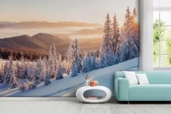 Carta da parati bosco innevato tramonto