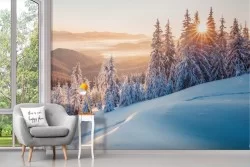 Carta da Parati Adesiva bosco innevato tramonto