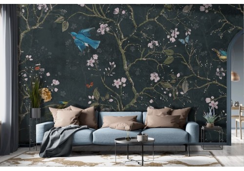 Vintage oriental wallpaper with flowers and black birds