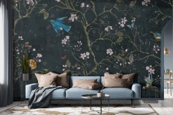 Vintage oriental wallpaper with flowers and black birds