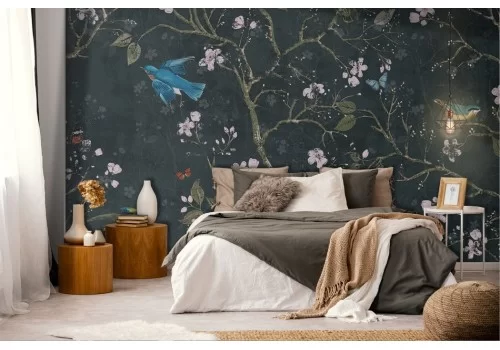 Carta da parati vintage orientale fiori e uccelli nero 2