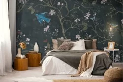 Carta da Parati Adesiva vintage orientale fiori e uccelli nero