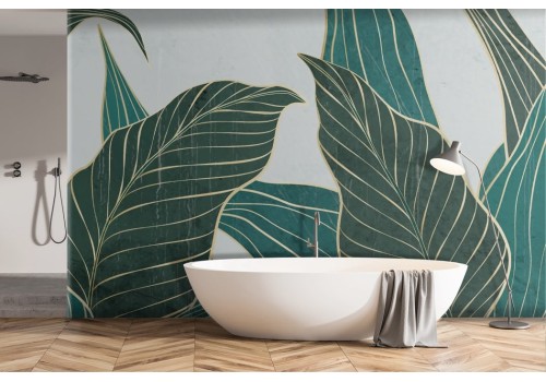 Stylized leaves wallpaper gold green