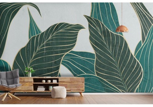 Stylized leaves wallpaper gold green 2