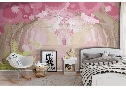 Fairy tale castle wallpaper in the forest landscape for children