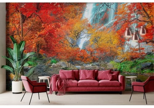 Nature wallpaper with waterfall and autumn river