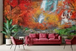 Carta da parati natura con cascata e fiume autunno