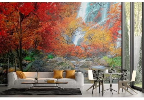 Carta da parati natura con cascata e fiume autunno 2