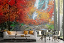Adhesive Wallpaper nature with waterfall and autumn river