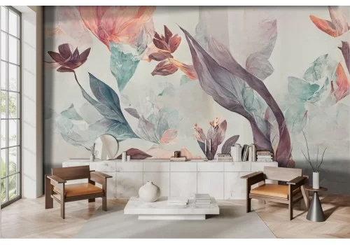 Carta da Parati Adesiva astratta fiori e foglie colorata 2