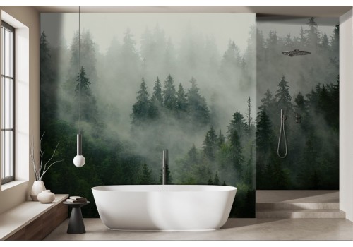 Carta da parati bosco con nebbia sfumature
