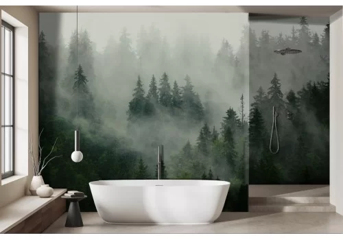 Carta da parati bosco con nebbia sfumature