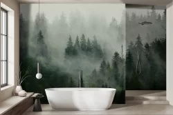 Forest wallpaper with fog shades