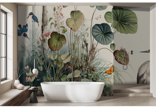 Vintage wallpaper tropical leaves flowers with birds