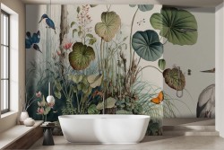 Carta da parati vintage foglie fiori tropicali con uccelli