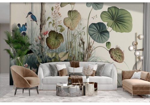 Vintage wallpaper tropical leaves flowers with birds 2