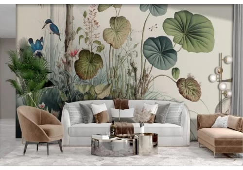 Vintage wallpaper tropical leaves flowers with birds 2
