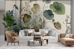 Adhesive Wallpaper Vintage tropical leaves flowers with birds