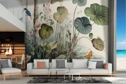 Wallpaper with flowers, leaves and birds