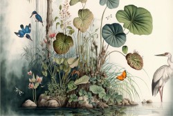 Wallpaper with flowers, leaves and birds