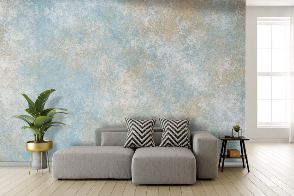 Carta da Parati Adesiva astratta effetto cemento azzurro oro