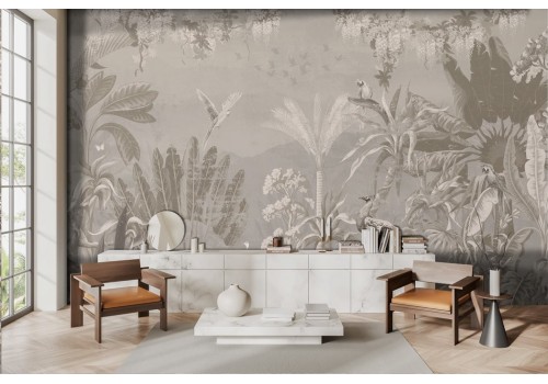 Vintage wallpaper with tropical leaves and birds