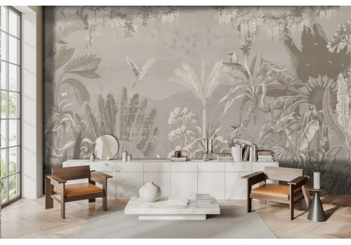 Vintage Wallpaper with Tropical Leaves and Birds -a408