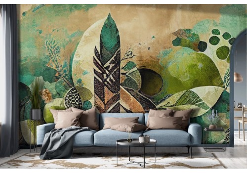 Vintage green and brown feather wallpaper