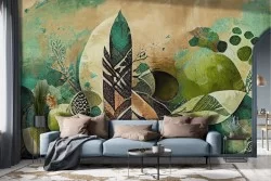 Vintage green and brown feather wallpaper
