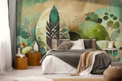 Adhesive Wallpaper Vintage Green and Brown Feather