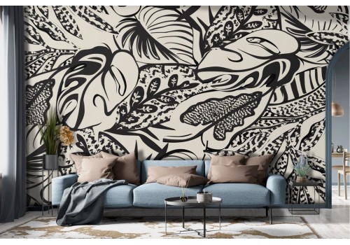 Graffiti effect wallpaper with black tropical leaves