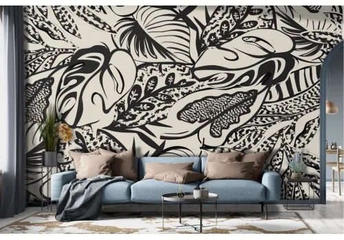 Graffiti effect wallpaper tropical black leaves -a412