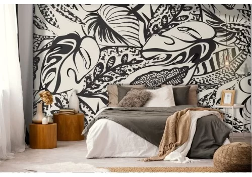 Carta da parati effetto graffito foglie tropicali nere 2