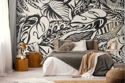 Adhesive Wallpaper with graffiti effect black tropical leaves