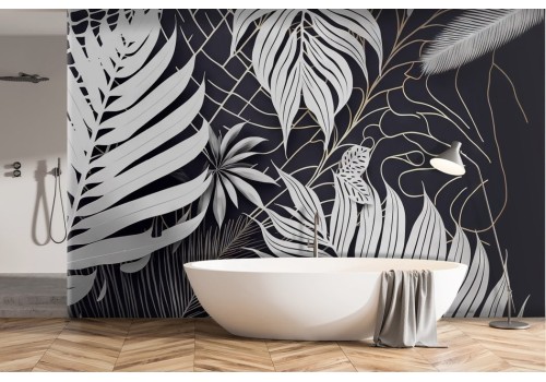 Stylized wallpaper white leaves black background