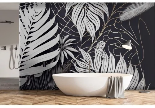 Stylized Wallpaper White Leaves Black Background -a415