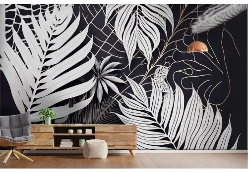 Stylized wallpaper white leaves black background 2