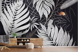 Carta da Parati Adesiva stilizzata foglie bianche sfondo nero