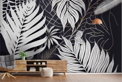 Adhesive Wallpaper stylized white leaves black background