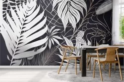Carta da Parati foglie bianche sfondo nero