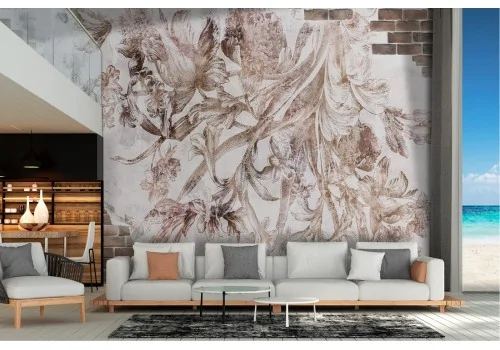 Brick wallpaper with plaster decorated with vintage flowers