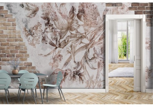 Brick wallpaper with plaster decorated vintage flowers 2