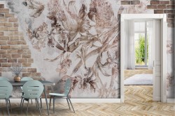 Brick wallpaper with plaster decorated vintage flowers
