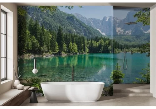 Forest wallpaper with mountain and lake