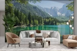 Adhesive Wallpaper forest with mountain and lake