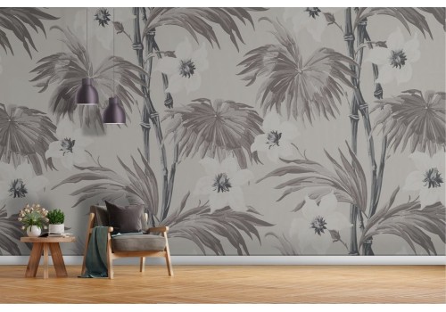 Vintage wallpaper with tropical leaves and flowers