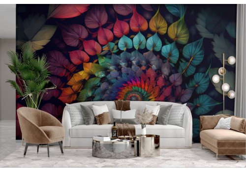 Geometric wallpaper with colored leaves 2