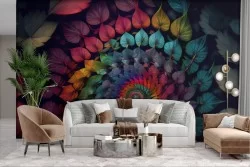 Geometric Adhesive Wallpaper with Colored Leaves