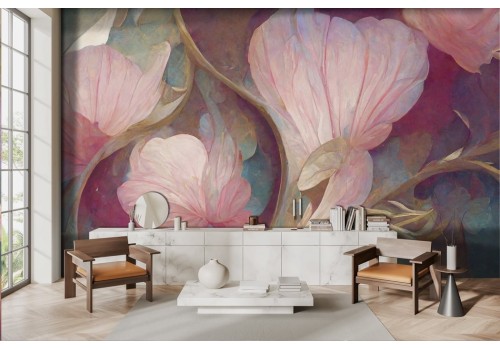 Vintage wallpaper pink gold flowers