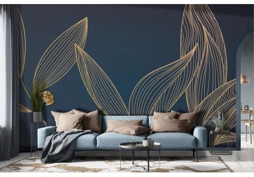 Carta da parati foglie tropicali stilizzate oro blu